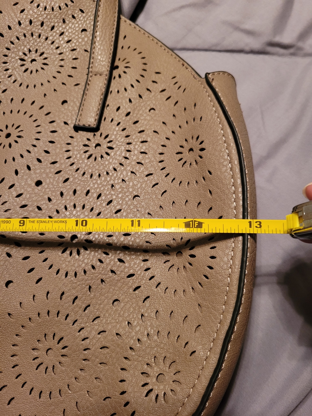Beige Perforated Circle Tote Bag - Women's Fashion Handbag - Picture 6 of 8